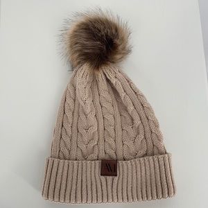 NWT Adore Me Faux Fur Puff Ball Tan Knit Stocking Beanie Cap Hat